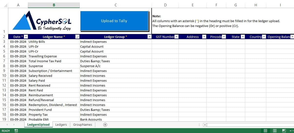 Ledger Master voucher for Excel to Tally import