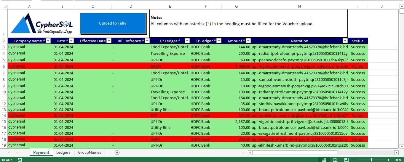Payment voucher for Excel to Tally data import