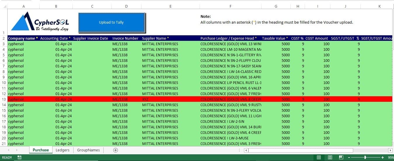 Purchase voucher for Excel to Tally import