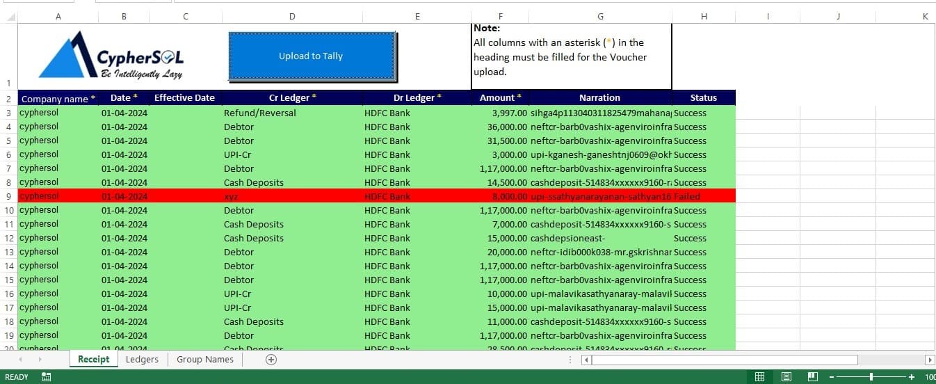 Receipt voucher for Excel to Tally import