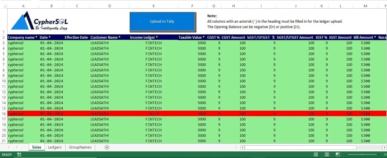 Sales voucher for Excel to Tally import